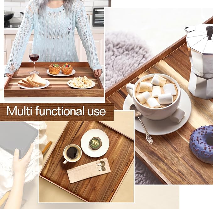 RattanView 24 Inch Extra Large Square Ottoman Table Tray with Handles Large Acacia Wood Serving Decorative Ottoman Wood Tray for Kitchen Coffee Sofa Table Organizer Storage Topper
