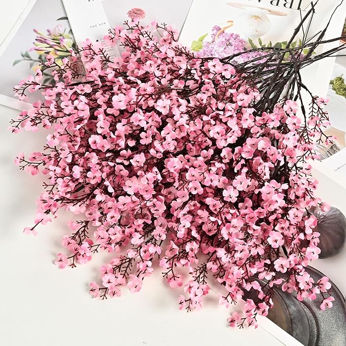 Waipfaru 15Pcs Fake Flowers Babys Breath Silk, Real Touch Pink Artificial Flowers Bulk with Bendable Stems, Pink Faux Flowers Babys Breath for Valentine's Day Spring Wedding Party Decor