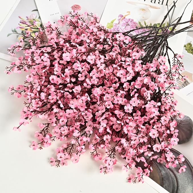 Waipfaru 6Pcs Fake Flowers Baby's Breath Silk, Real Touch Pink Artificial Flowers Bulk with Bendable Stems for Valentine's Day Spring Wedding Party Decor