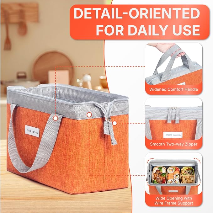 Insulated Lunch Bag Lunch Bag Women Lunch Bag for Women Lunch Box Cooler Bag Lunchbox for Work Lunch Box for Men Adult Lunch Box Womens Lunch Bags for Work (Orange)