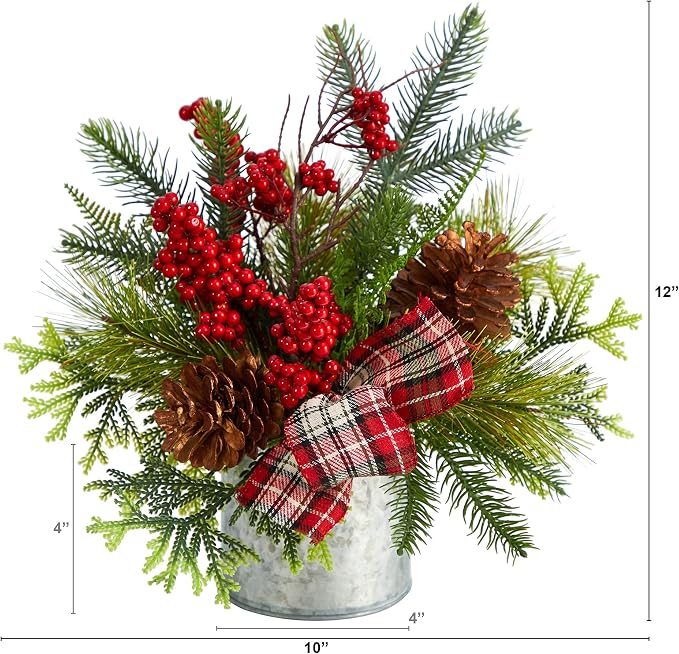 Nearly Natural 12in. Holiday Winter Pinecones, Berries, Greenery and Plaid Bow Artificial Christmas Table Arrangement (Pack of 3)