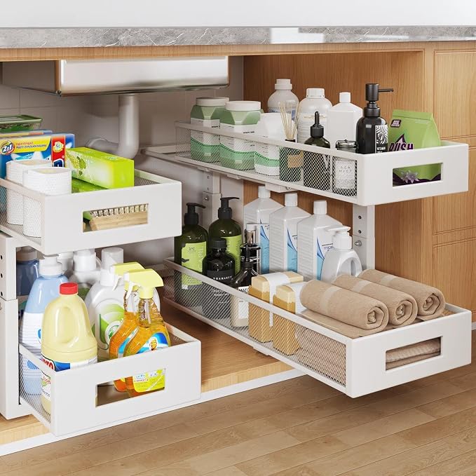 2 Packs 21IN Depth Under Sink Organizer, 2-Tier Pull Out Cabinet Organizer With Smooth Circular Rail, Large Capacity Metal Mesh Sliding Drawers For Bathroom& Kitchen Storage,Height Adjustable –White