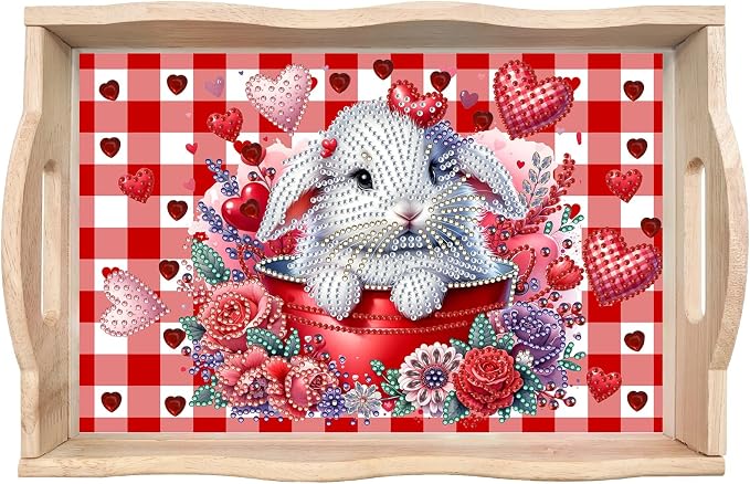 BAYUNOE DIY Diamond Serving Tray Rectangular Breakfast Tray with Handle Handmade Diamond Art Painting Wooden Tray Valentine's Day Red Plaid Dinner Plate Coffee Room Living Home Organizer-Rabbit