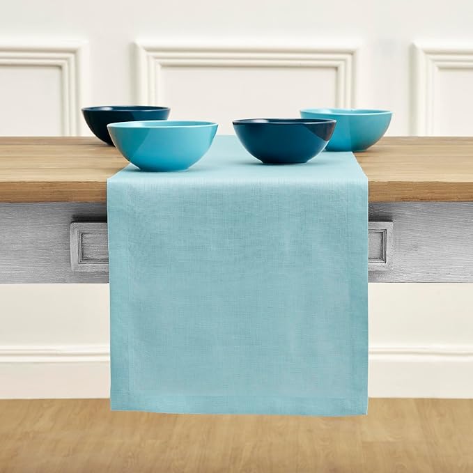 Solino Home Linen Aqua Blue Table Runner 120 Inches Long - 100% Pure Linen 14 x 120 Inch Table Runner for Dining, Spring, Summer - Fete