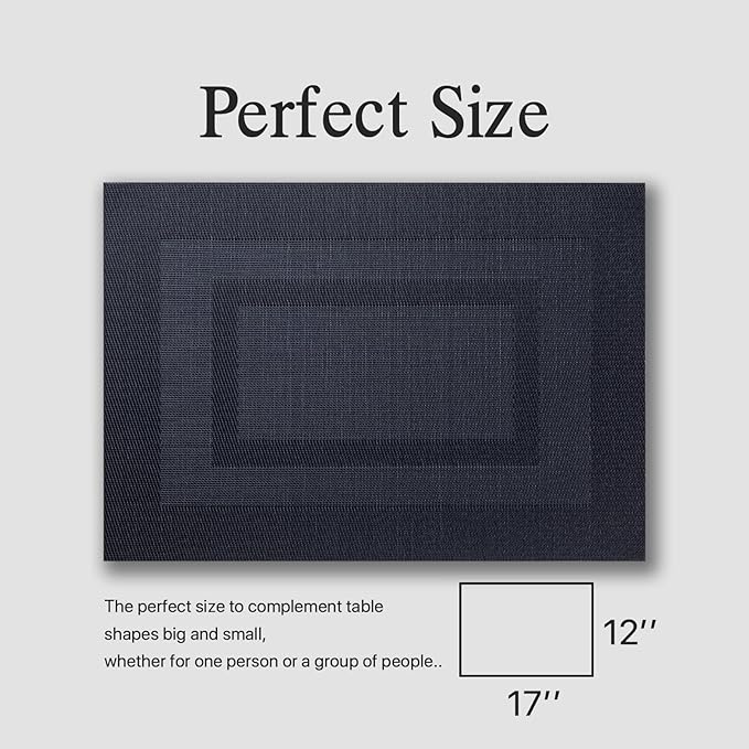 Placemats Set of 6 - Easy Clean Woven Vinyl Placemats for Dining Table, Indoor/Outdoor Place Mats, Washable PVC Table Mats（Black Cube）
