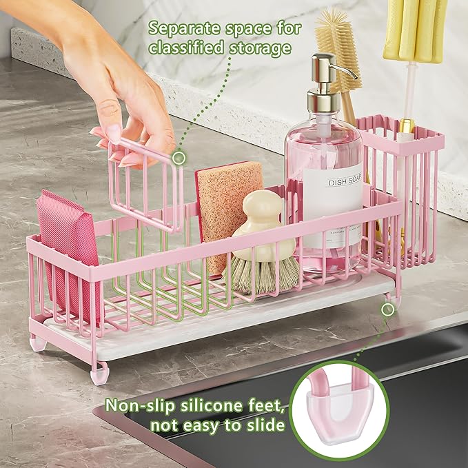 Cisily Extra Large Sink Caddy Organizer with Drying Stone, Pink Sponge Holder for Kitchen, Dish Brush Holder for Countertop, Kitchen Decor Storage and Essentials