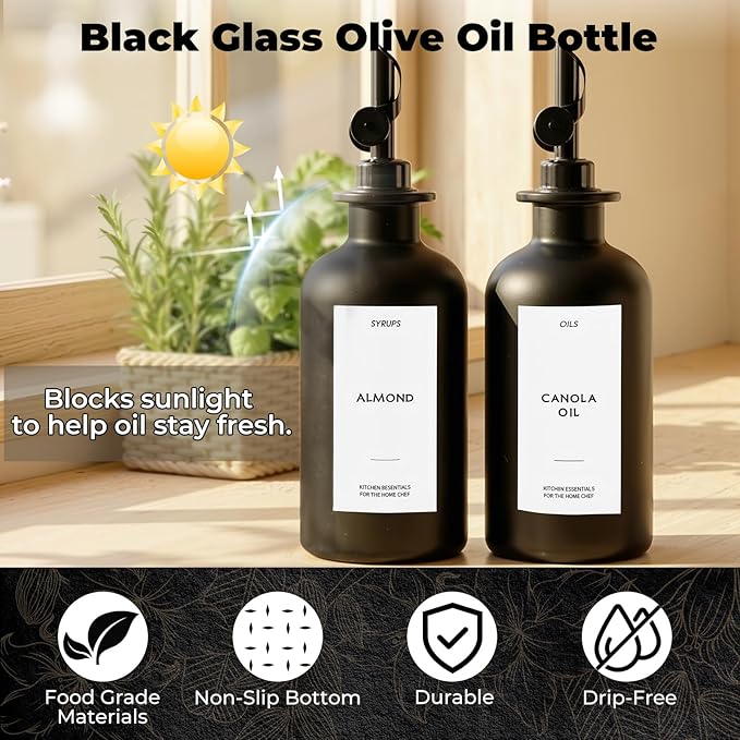 3PCS Olive Oil Dispenser Bottle For Kitchen, Soy Sauce Dispenser, Dark Glass Bottles for Oil and Vinegar Dispenser Set W. Wooden Tray & Labels & 3 Replacement Spouts, Coffee Syrup Dispenser(Black)