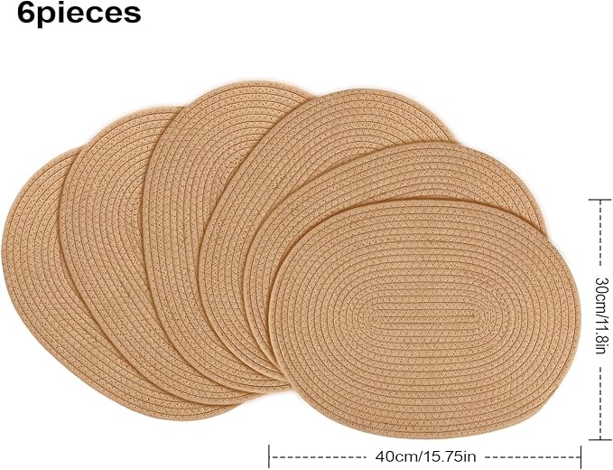 fanquare Khaki Cotton Placemats for Farmhouse Table Decoration Braided Cotton Rope Place Mats for Kitchen Dining Round Woven Table Mats Set of 6