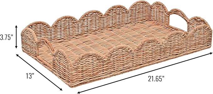 happimess TRY1000B Scalloped 21.5" Southwestern Cottage Hand-Woven Rattan Tray with Handles for Storage,Decoration, Display, Coffee Table or Serving Food, Light Brown