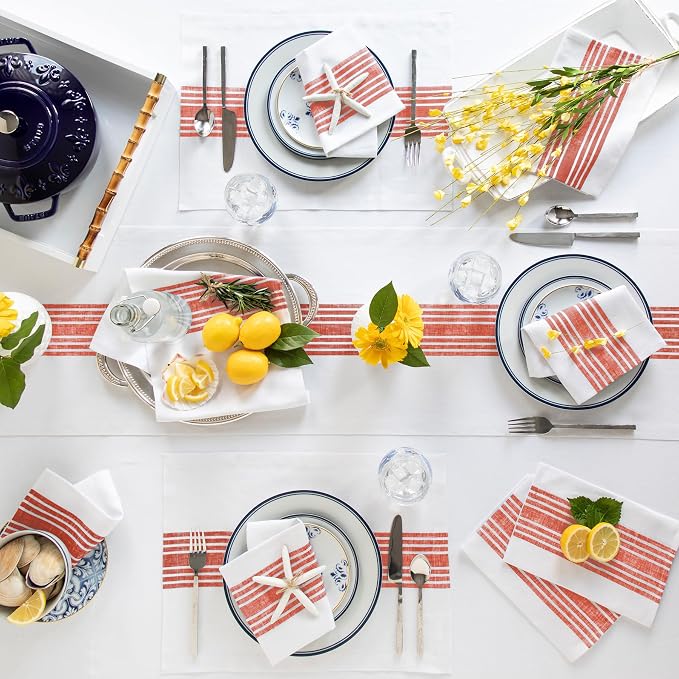 Solino Home Stripe Linen Table Runner 48 Inches - 100% Pure Linen Red and White Farmhouse Table Runner 14 x 48 Inch Ideal for Dresser and Coffee Tables - 4th of July