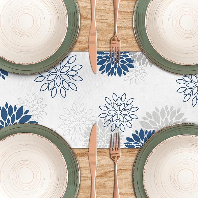 Dahlia Flower Table Runner 13x36 Inch Farmhouse Blue Gray Runners Modern Table Decorations Rustic Geometric Coffee Table Runner for Home Kitchen Dining Room Party (13"x36", Dahlia Floral-Blue)