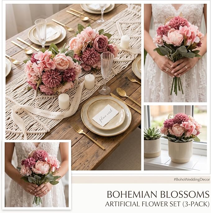 KIRIFLY Artificial Fake Flowers Silk Peony Flower Arrangements Wedding Bouquets Decorations Plastic Floral Table Centerpieces Home Kitchen Garden Party Décor (Blush)