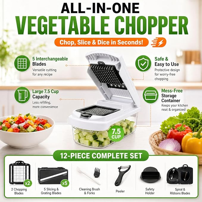 12-in-1 Vegetable Chopper with Container – Mandoline Slicer, Onion Chopper, Food Chopper, Cheese Grater & French Fry Cutter – Multifunctional Kitchen Gadget with 8 Blades, Egg Separator & Peeler