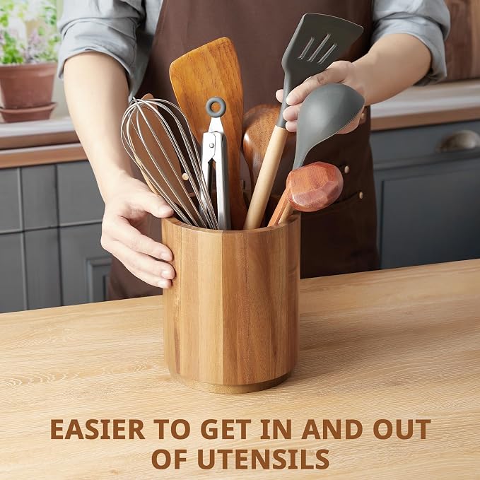 Bivvclaz Acacia Wood Utensil Holder, 360°Rotating 7.2" Utensil Holder for Kitchen Counter, Large Kitchen Utensil Holder, Cooking Utensil Crock for Countertop, Farmhouse Kitchen Decor and Accessories