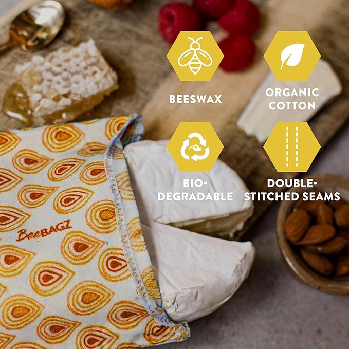 BeeBAGZ - Beeswax Wrap Storage Bag - 1 Pack - Plastic and Silicone Free - Reusable Beeswax Food Wrap Bag (1 Large, 11” x 14” (Orange)