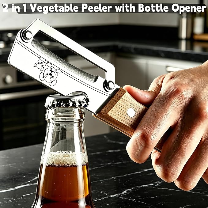 Maxjoy Multifunctional Vegetable Peeler, Zero Flex & Zero Snag, Stainless Steel with Wooden Handle, 2 in 1 Peeler with Bottle Opener for Potato Apple Carrot Fruit