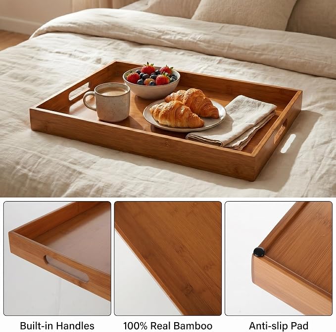 Briful Bamboo Decorative Tray with Handles - 16 x 12 Inch Rectangle Serving Tray for Coffee Table Decor Farmhouse Kitchen Counter Organizer & Bathroom Vanity, Brown