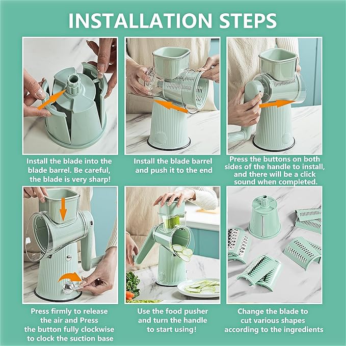 Rotary Cheese Grater with Handle: 5 in 1 Cheese Grater Hand Crank Cheese Shredder with Strong Suction Base Kitchen Vegetable Slicer with 5 Interchangeable Blades, Storage Box, Green