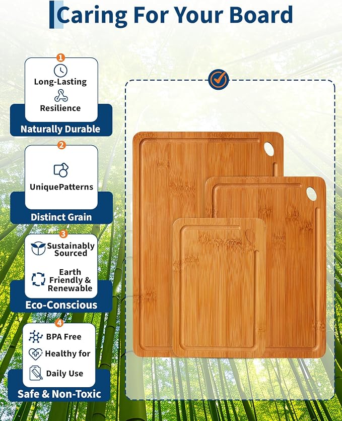 Garvee Deep-Carbonized Bamboo Cutting Board Set of 3 - cutting board set with Handle, Bamboo Cutting Boards for Kitchen, Heavy Duty chopping board with deep juicy groove 15x10, 12x8, 9x6 inch