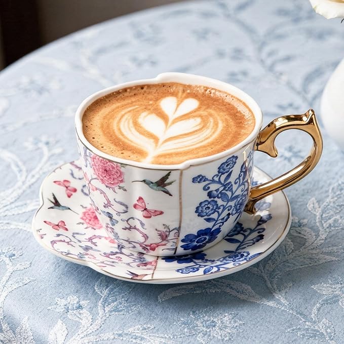 KAMMAK Tea Cups and Saucers Set of 2, Porcelain Coffee Cups, 8-Ounce Stackable Espresso Mugs, Ceramic Demitasse for Coffee, Latte, Americano, Tea, Butterfly & Bird