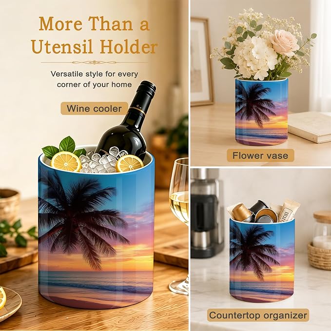 Tropical Palm Kitchen Utensil Holder,Sunset Trees Sea Beach Large Ceramic Utensil Crock for Countertop,Cooking Utensil Organizer for Spatulas,Spoons