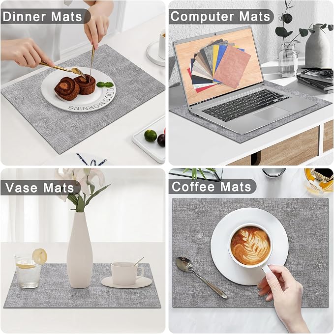 Homaxy Faux Leather Heat Resistant Placemats for Dining Table Set of 12, Waterproof Wipeable Washable PU Table Mats, Easy to Clean Anti-Slip Place Mats, 11.8" x 17", Light Grey