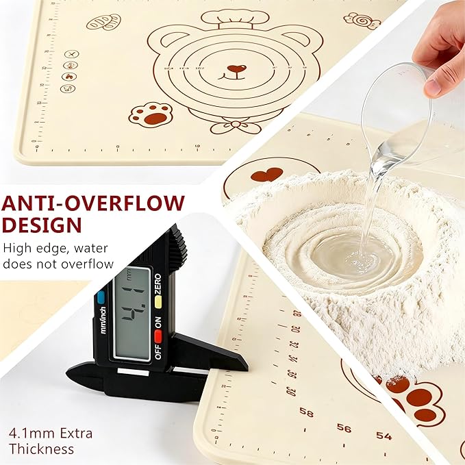 Silicone Baking Pastry Dough Mat - 25"x16" Extra Thick Dough Rolling Matt with Measurement, NonStick Kitchen Counter Kneading Pad Raised Edge, Reusable Heat Resistant for Bread Pizza Fondant Pie Crust