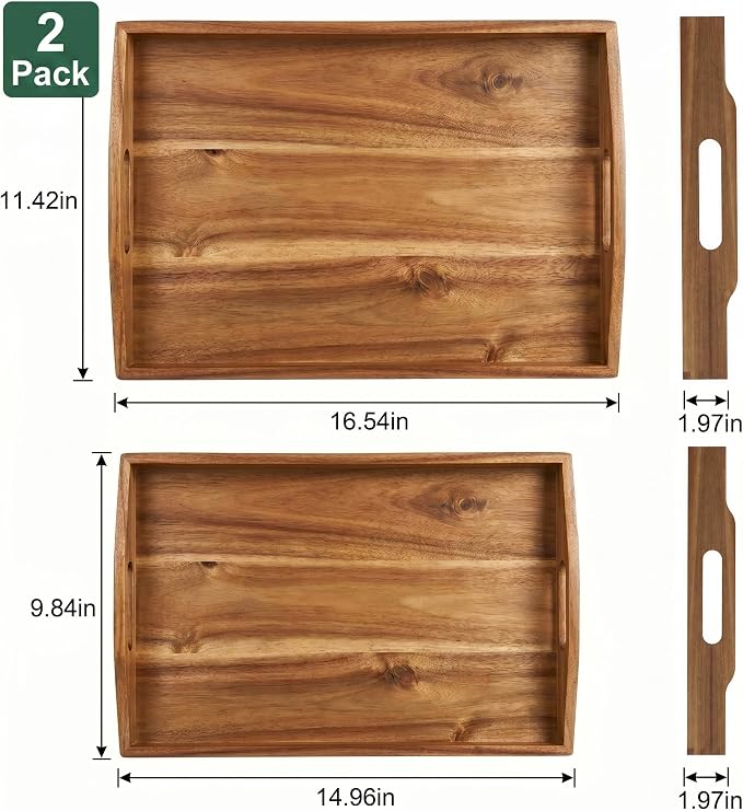 2 Pack Acacia Wood Serving Trays - Rectangular Food-Grade Wooden Trays for Kitchen, Dining, Party, Breakfast, Snack & Decor