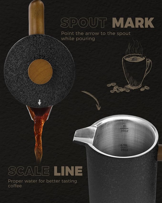POLIVIAR French Press Coffee Maker, 34 oz | Real Wood Handle Coffee Press, Double Wall Insulation, Dual-Filter Screen, Food Grade Stainless Steel, For Coffee and Tea