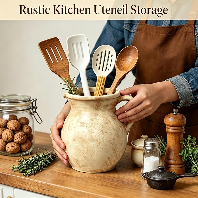 Rustic Kitchen Utensil Holder, 7.3'' Ceramic Vintage Utensil Crock for Counter, Farmhouse Utensil Crock Countertop Organizer for Spatulas Spoons Cooking Tools, Modern Home Kitchen Decor (Light Clay)