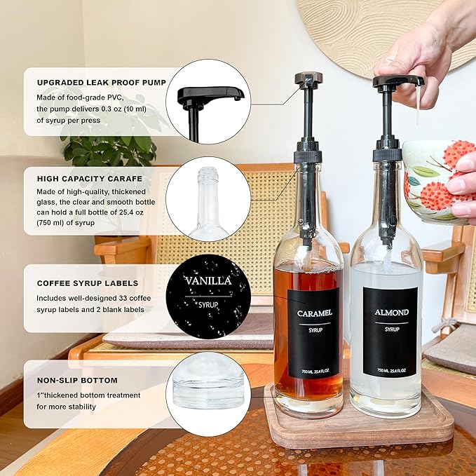 HCYWOC Coffee Syrup Dispenser, 25.4oz 750ml Glass Syrup Bottles, 2 Pack Syrup Dispenser for Coffee Bar With Large Leakproof Syrup Pump, 38 Labels