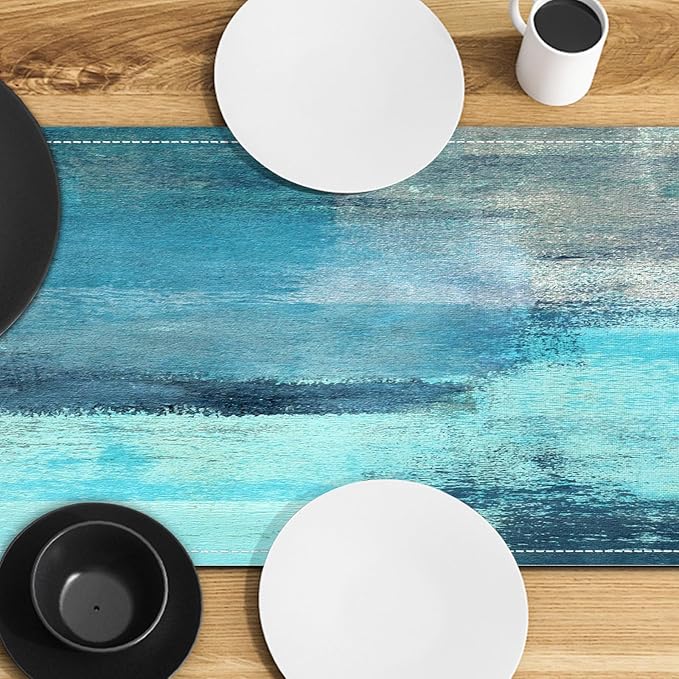 Teal Grey Table Runners Modern Art Farmhouse Linen Turquoise Table Runners Dresser Scarves Retro Rustic Style for Party Kitchen Dining Table Coffee Holiday Party Decor (Teal Grey, 13"x 71")