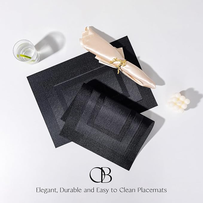 Placemats Set of 12 - Easy Clean Woven Vinyl Placemats for Dining Table, Indoor/Outdoor Place Mats, Washable PVC Table Mats（Black Cube）