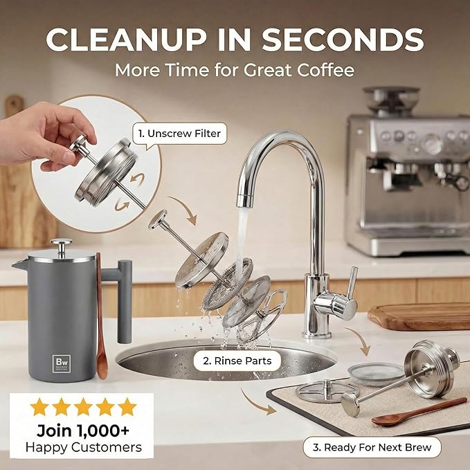 Barista Warrior French Press Coffee Maker - Double-Wall Stainless Steel Insulated French Press with Built-In Thermometer, Dual Filters Coffee Maker with Wooden Spoon - Grey