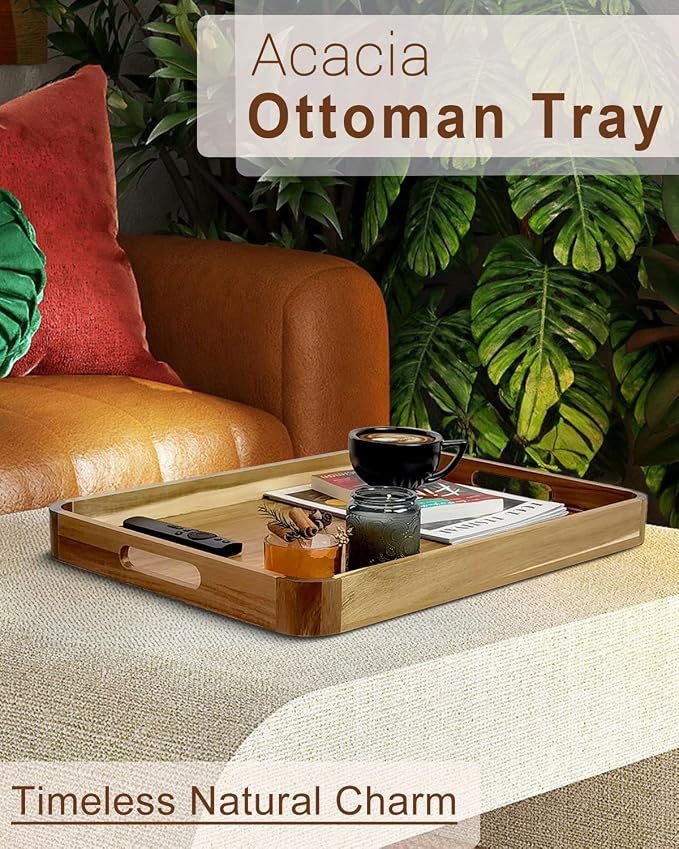 22 inches Acacia Wood Ottoman Serving Tray with Handles & Rounded Corners | Large Rectangular Decorative Wooden Tray for Living Room Kitchen Coffee Table Couch Bed