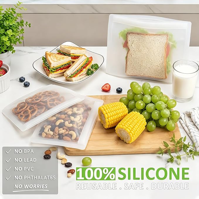 Reusable Sandwich Bags & Snack Bags Set, 8 Pack, 100% Silicone Reusable Storage Bag, Soft Shell Ziplock Silicone Food Storage Containers, Freezer Microwave Oven Dishwasher Safe, Translucent