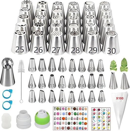ANSLYQA Russian Piping Tips Set, 166 Pcs with 30 Numbered Russian Tips, 24 Numbered Icing Tips, 1 Ball Tip, 2 Leaf Tips, Pattern Chart, 3 Couplers, 100 Pastry Bags & More for Cake Cupcake Decorating