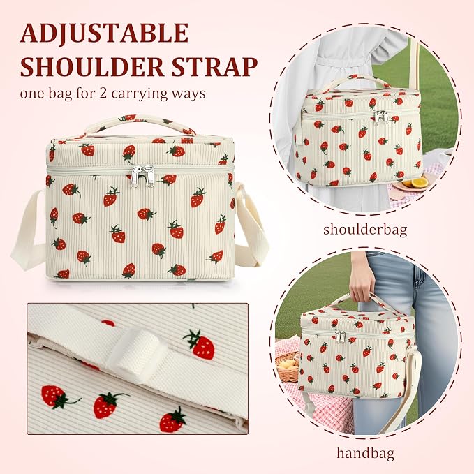 TESAFNG Insulated Lunch Bag for Women, Cute Corduroy Reusable Lunch Box for Adult, Leakproof Cooler Bag for Work Office Travel Picnic, Lunch Tote Bag with Adjustable Shoulder Strap (Strawberry)