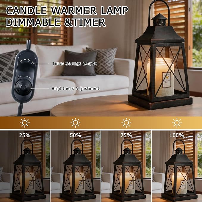2026 New Candle Warmer Lamp with Timer,Compatible with 3 Wick Candles Jars,Vintage Candle Warmer Lantern Lamp,Dimmable Farmhouse Candle Lamp Warmer,Fully Enclosed and Hanging Up Designed