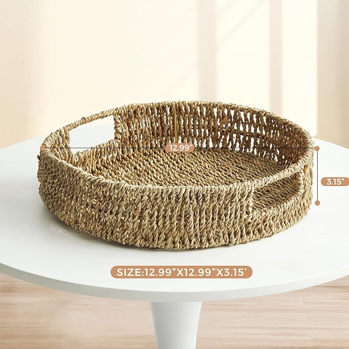 JS HANGER 13" Hand-Woven Round Rattan Serving Tray Decorative Wicker Trays with Built-in Handles for Coffee Table, Natrual Grass Storage Tray