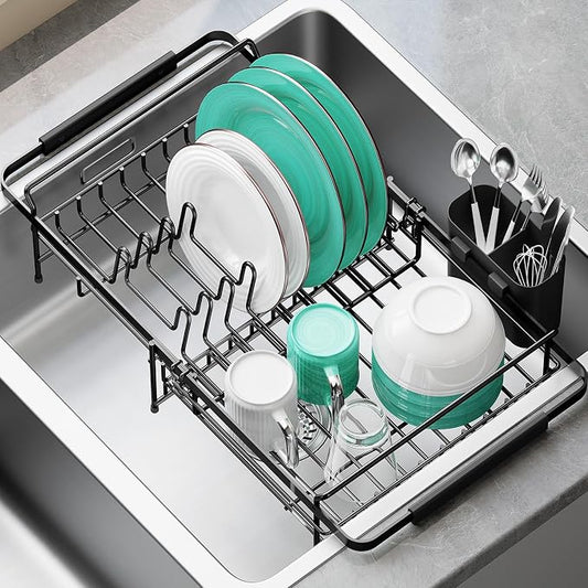 Urackify Dish Drying Rack in Sink - Stainless Steel Expandable (14.5''-18''L) Over The Sink Dish Rack with Utensil Holder, Space-Saving Dish Drainer for Kitchen Counter, 1 Piece, Matte Black