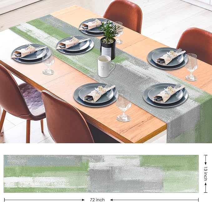 Emvency Farmhouse Table Runner, Vintage Green and Grey Abstract Art Painting for Kitchen Coffee Table Family Dinners Holiday Parties Wedding Events Decor(13x72 inch)