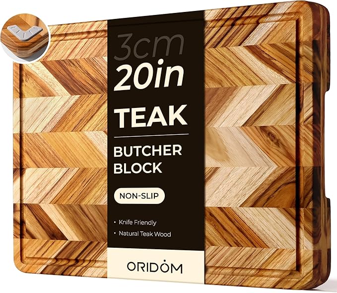 Teak Wood Cutting Board for Kitchen Extra 20'' Large End Grain Heavy Duty Checkered Wooden Cutting Board Non Toxic Herringbone Non Slip Charcuterie Butcher Block Juice Groove Handle Gift Box