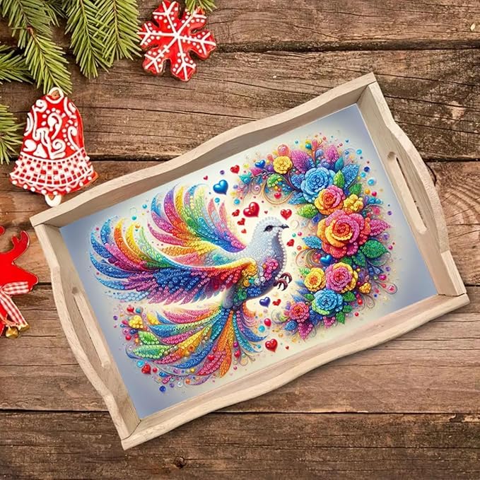 ARTopet DIY Diamond Serving Tray Diamond Art Painting Creative Design Handmade Wooden Tray Dinner Plate for Coffee Breakfast Home Organizer-Colorful Bird