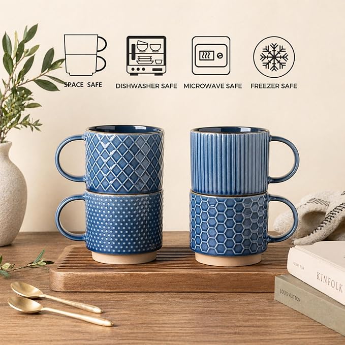 GBhome 12 OZ Stackable Coffee Mugs Set of 6, Ceramic Coffee Mugs with Texture Patterns for Man,Woman,Dad,Mom, Modern Coffee Cups for Latte/Cappuccino/Cocoa. Dishwasher&Microwave Safe