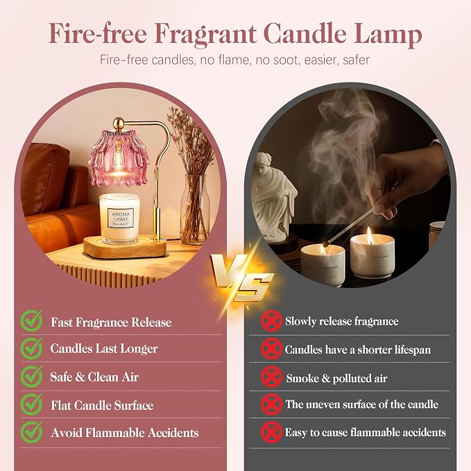 Candle Warmer Lamp with Timer Dimmer, Modern Wax Warmer for Scented Wax Jar Candle Warmer with 2 Bulbs, Adjustable Height Glass Lamp for Gifts for Women, House Warming Gifts, Home Decor, Gold Pink