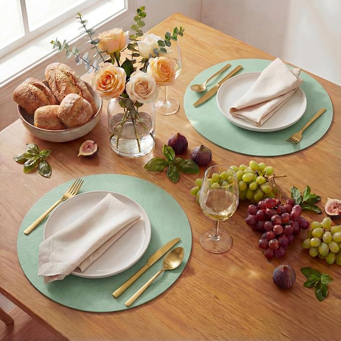 Artoid Mode Sage Faux Leather Placemats Set of 6, 15 Inch Waterproof Wipeable Heat Resistant Vinyl Place Mats, Reversible Table Mats for Spring Kitchen Dining Decor