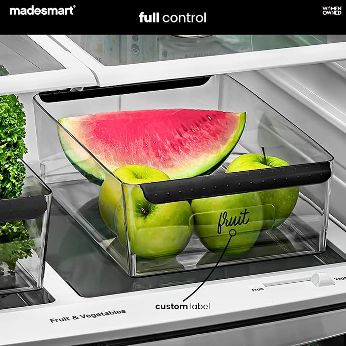 madesmart Premium Large Fridge Bin, Organizer for Produce, Cheeses, Meats & Deli Items, Dry-Erase Label Area, Multi-Purpose Fridge Storage, Soft Grip Handles, Clear