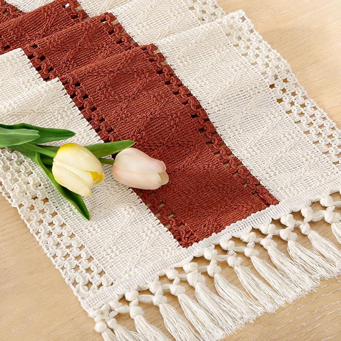Socomi Boho Table Runner Summer Farmhouse Woven Cotton Linen Rustic Table Runner with Tassels for Dresser Scarf Home Decor Dining Room 12x90 inch Terracotta Ivory