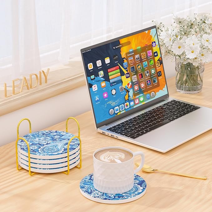 6Pcs/Set Marble Abstract Ceramic Coasters with Holder, Absorbent Drink Coasters, Coffee Cup Coaster,Round Ceramic Table Coasters Set Decorative